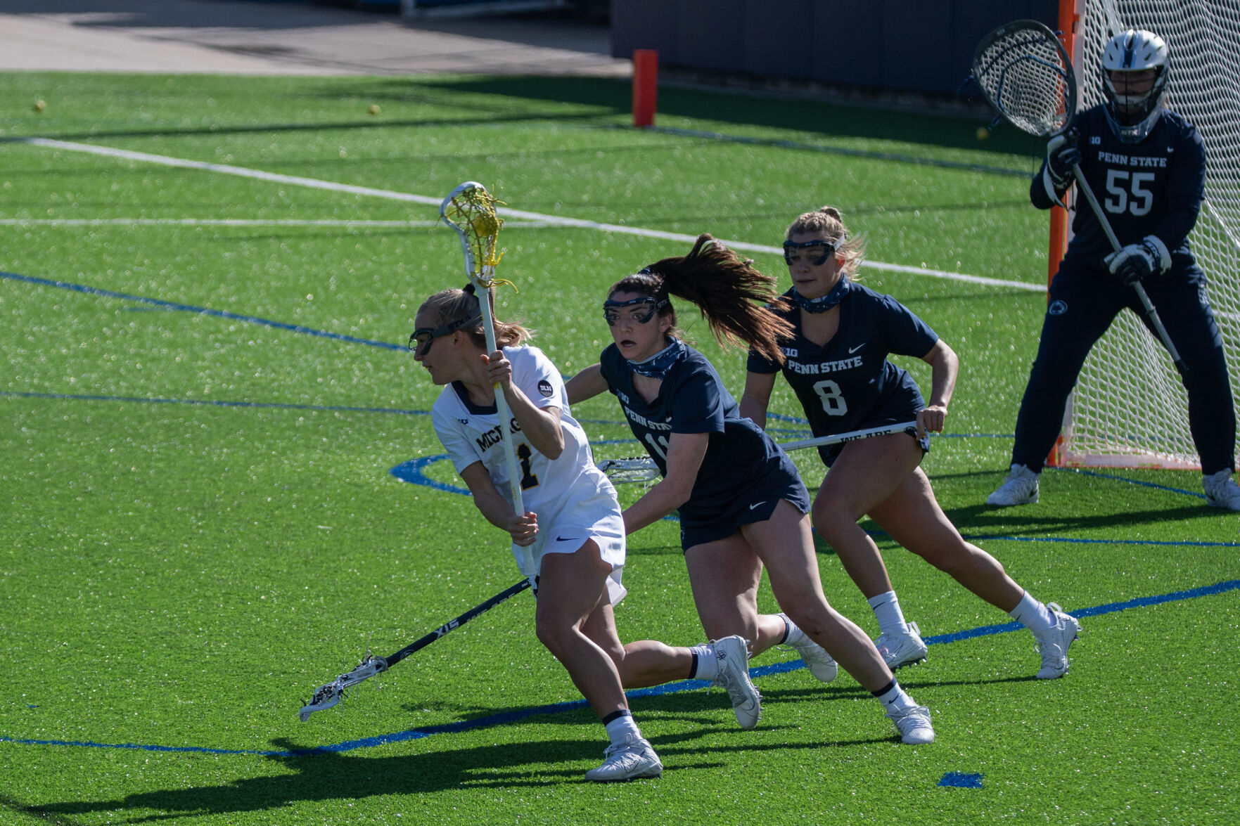 Penn State WLAX vs Michigan, Dirk (11), Helgeson (8), Suplee (55)